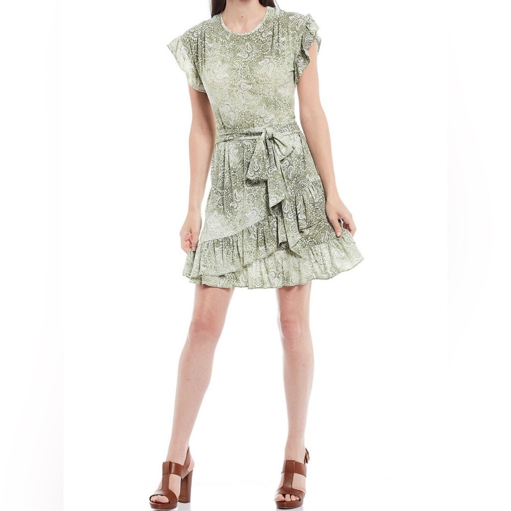 MICHAEL KORS MK Womens Green Paisley Petal Sleeve Short Faux Wrap Party Dress 1X